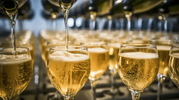 Bubbel hälls upp i glas. En flaska bubbel ger många glas, perfekt för festen!
