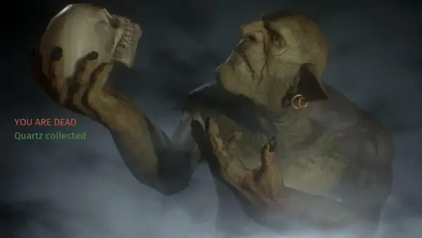 Potwór z gry Styx trzyma czaszkę. "YOU ARE DEAD. Quartz collected" - komunikat z gry.