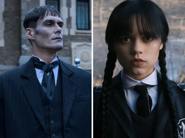 Wednesday Addams i Lurch w czarnych strojach, obok siebie.