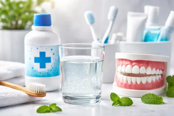 Igiene orale: collutorio, bicchiere d'acqua frizzante, dentifricio, spazzolini e un modello di denti per sciacqui con acqua ossigenata.