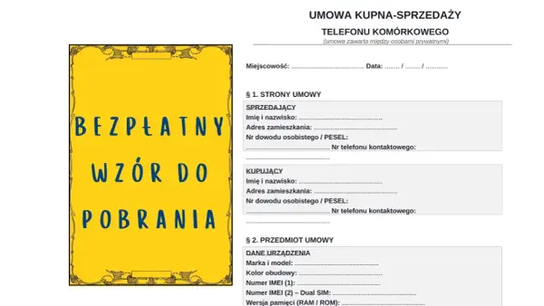 Umowa kupna sprzedaży telefonu komórkowego. Bezpłatny wzór do pobrania.