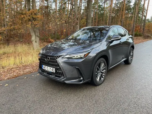 Ciemnoszary Lexus NX450h+ na mokrej drodze w jesiennym lesie.