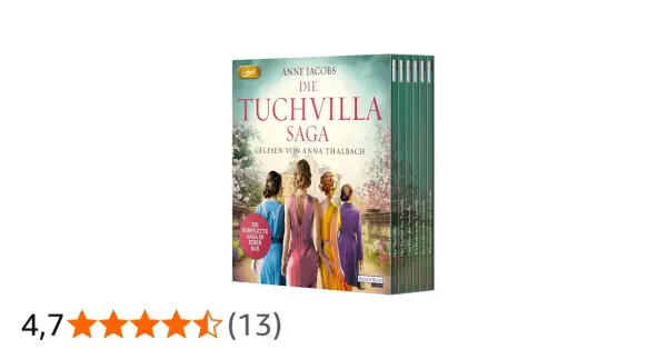 Die komplette "Die Tuchvilla Saga" von Anne Jacobs, eine wahre Begebenheit, als Hörbuch-Box. Vier Frauen blicken auf die Villa.