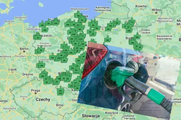 Mapa Polski z zaznaczonymi stacjami paliw, gdzie można tankować CNG i LPG. Widoczny też pistolet do tankowania.