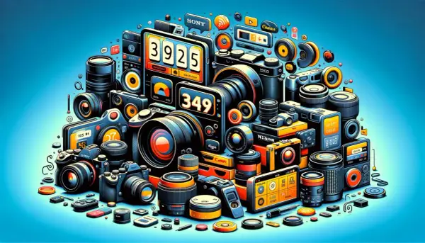 Stos aparatów i obiektywów, z cyfrowymi wyświetlaczami pokazującymi liczby, jak 3925 i 349. Wśród nich widoczne są marki Sony, Canon, Nikon. To prawdziwe eosinfo dla miłośników fotografii.