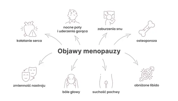 Objawy menopauzy: kołatanie serca, nocne poty, zaburzenia snu, osteoporoza, zmienność nastroju, bóle głowy, suchość pochwy, obniżone libido.