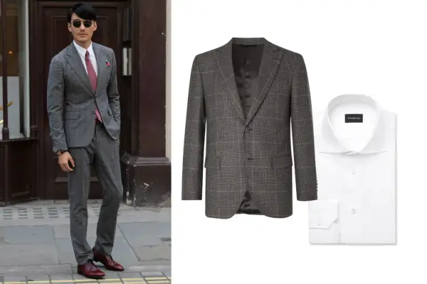 Hombre con traje gris a cuadros y camisa blanca. Ideas de traje gris mujer combinaciones elegantes.
