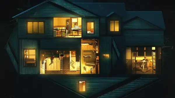 La casa è sezionata, rivelando scene inquietanti e persone isolate. Una possibile hereditary spiegazione del terrore.