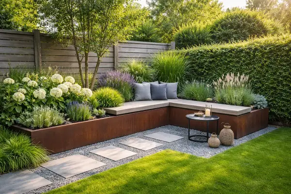 Gemütliche Sitzecken im Garten laden zum Verweilen ein. Eine L-förmige Bank aus Holz mit Kissen, umgeben von üppiger Bepflanzung und einem Cortenstahl-Beet.