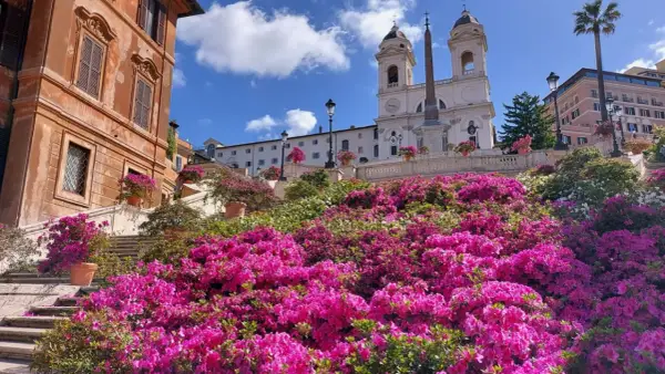 Escalier de la Trinité-des-Monts à la Piazza di Spagna, Rome, fleuri de magnifiques azalées roses et blanches sous un ciel bleu.