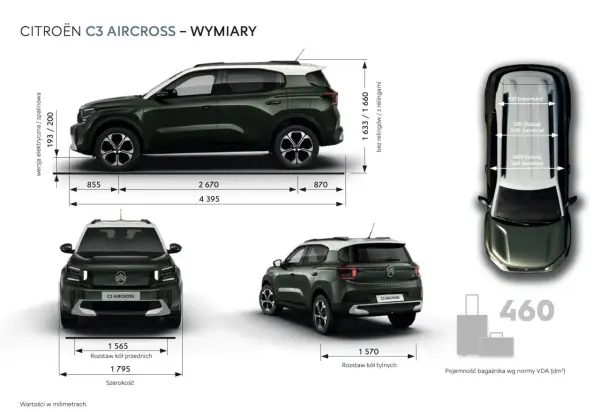 Citroën C3 Aircross wymiary: długość 4395 mm, szerokość 1795 mm, wysokość 1633/1660 mm. Rozstaw osi 2670 mm.