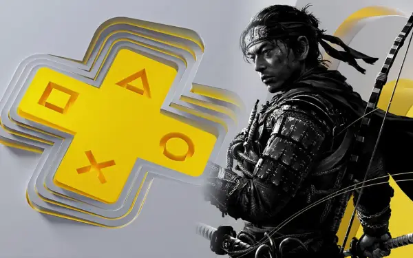Samuraj z łukiem obok żółtego logo PlayStation Plus Premium.