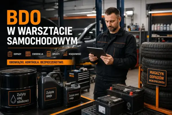 Mechanik w warsztacie samochodowym korzysta z tabletu, zarządzając odpadami i ewidencją. Obok stoją beczki z zużytymi olejami i akumulatory.