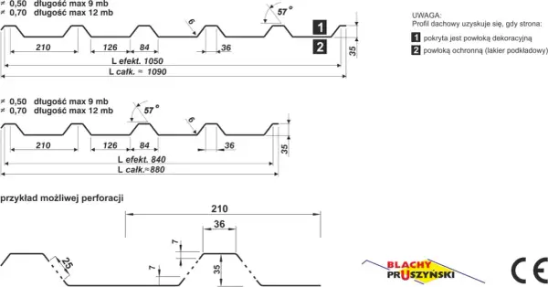 Schemat blachy trapezowej z wymiarami: szerokość fali 210, 126, 84 mm. Dostępne grubości 0,50 i 0,70 mm.
