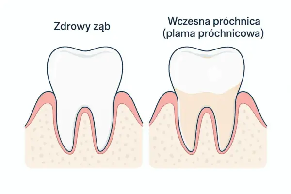 Zdrowy ząb obok zęba z wczesną próchnicą, która zaczyna tworzyć małą dziurę.