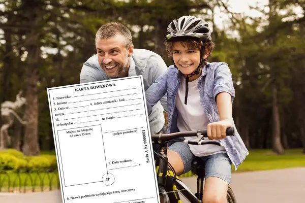 Karta rowerowa jak wygląda: formularz z danymi, obok uśmiechnięty ojciec i syn na rowerach.