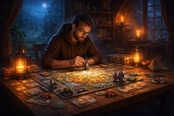Mężczyzna gra w planszówkę, która wygląda jak jedna z najlepszych gier singleplayer. Nocny krajobraz za oknem i ciepłe światło lampy tworzą przytulną atmosferę.