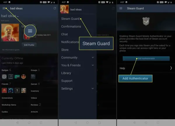 Gdzie zmienić hasło na Steam? Kliknij menu, wybierz Steam Guard, a następnie dodaj Authenticator.