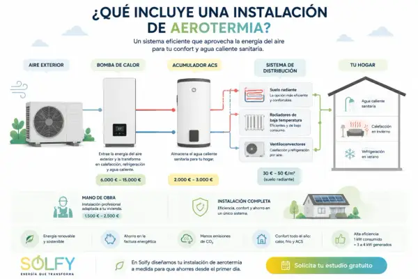 Diagrama de aerotermia aire-aire: unidad exterior, bomba de calor, acumulador ACS y sistema de distribución para calefacción, refrigeración y agua caliente.
