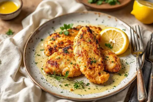 Trois aiguillettes de poulet dorées et savoureuses, nappées d'une sauce légère et garnies de persil frais et d'une tranche de citron.