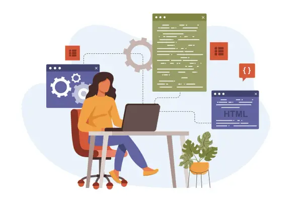 Kobieta przy biurku uczy się, jak zostać programistą, analizując kod na ekranie laptopa i okna z HTML.