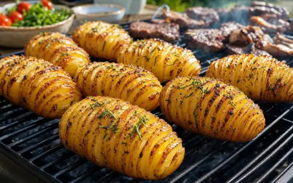 Pommes de terre hasselback dorées et savoureuses sur le barbecue, parsemées d'herbes fraîches. Un délice pour accompagner vos grillades.