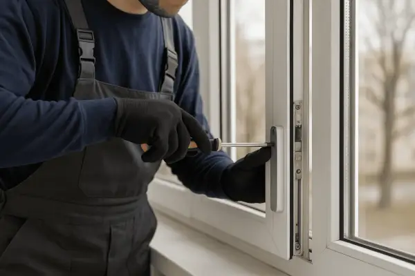 Técnico con guantes negros repara una ventana de aluminio antigua, ajustando el mecanismo con un destornillador.