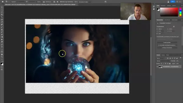 Mujer con mirada intensa sostiene una esfera brillante, editando la imagen con Adobe Firefly Beta.