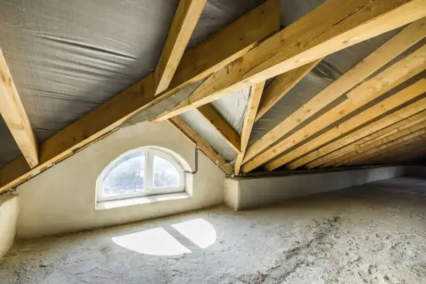 Poddasze w trakcie budowy, widoczne drewniane krokwie o kącie nachylenia dachu 30 stopni, okno łukowe i betonowa podłoga.