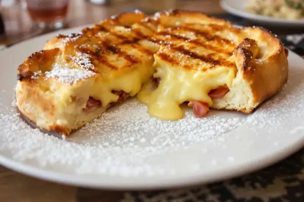 Une délicieuse croute savoyarde, dorée et saupoudrée de sucre glace, révèle un cœur fondant au fromage et jambon.