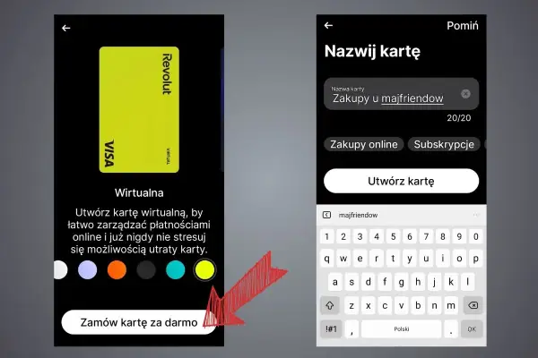 Jak aktywować kartę Revolut: wybierz kolor, nazwij kartę "Zakupy u majfriendow" i utwórz ją.