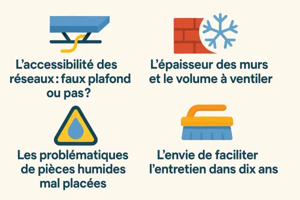 Conseils pour un installateur de VMC : accessibilité, épaisseur des murs, pièces humides et entretien futur.