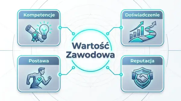 Wykres przedstawia cztery kluczowe elementy budujące wartość zawodową: kompetencje, doświadczenie, postawę i reputację. Rozwijanie tych umiejętności to klucz do sukcesu.