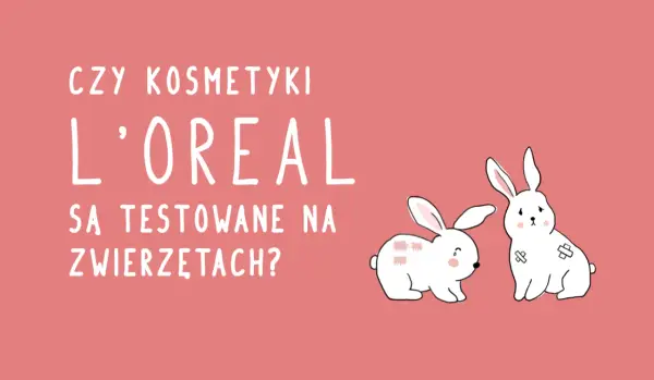 Dwa smutne króliki z plastrami na futrze, obok pytania: czy kosmetyki L'oreal są testowane na zwierzętach?
