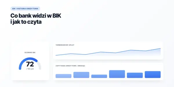 BIK to biuro informacji kredytowej. Wykresy pokazują scoring BIK, terminowość spłat i zapytania kredytowe.