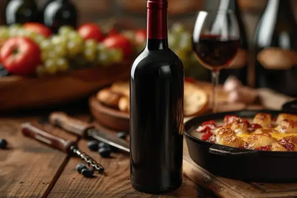 Bouteille de vin rouge, verre à moitié plein, et une fondue bourguignonne prête à être dégustée. Parfait pour un dîner convivial.