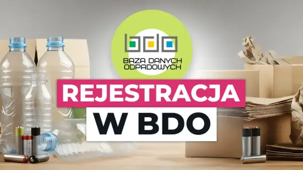 Chcesz wiedzieć, jak sprawdzić numer BDO po NIP? Grafika przedstawia logo BDO i tekst "Rejestracja w BDO" na tle butelek, baterii i kartonów.