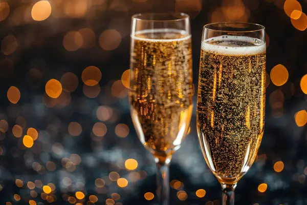 Dwa kieliszki musującego prosecco, które często mylone jest z szampanem, na tle rozmytych, złotych świateł.