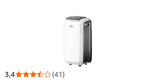 Climatiseur Black et Decker blanc et noir, sur roulettes, avec panneau de contrôle tactile sur le dessus.