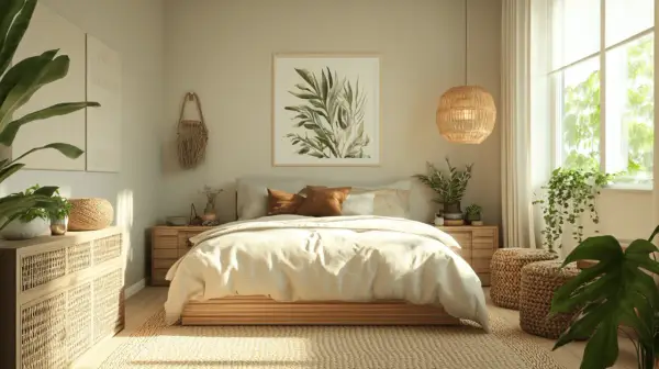 Helles, natürliches Schlafzimmer im Boho-Stil. Die sanften Erdtöne und Pflanzen schaffen eine harmonische feng shui schlafzimmer farbe Atmosphäre.