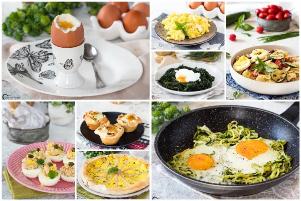 Uova e stracchino in diverse preparazioni: sode, strapazzate, in camicia, in tortini, in insalata di pasta e in padella con zucchine.