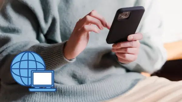 Dowiedz się, jak podłączyć internet z telefonu do laptopa, korzystając z ikony globusa i laptopa.