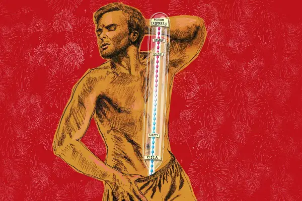 Mężczyzna z zamkniętymi oczami, na tle fajerwerków, z termometrem emocji od "ciszy" do "orgazmu".