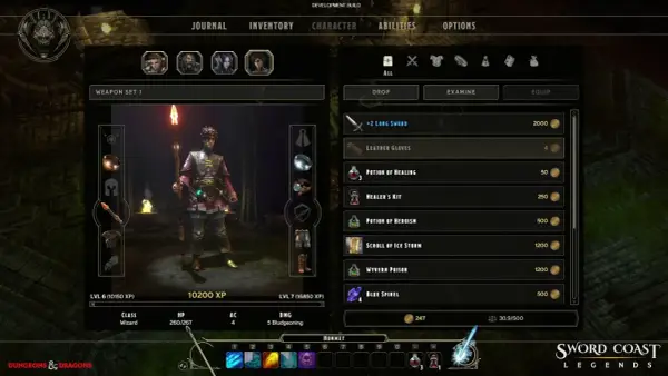 Postać w grze Sword Coast Legends zarządza ekwipunkiem, widoczne są ikony postaci, przedmioty i statystyki.