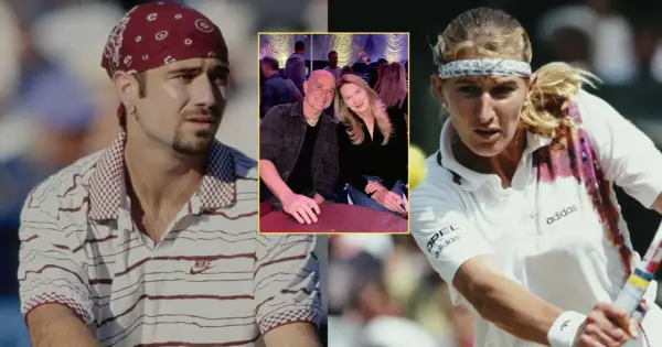 Andre Agassi w bandanie i Steffi Graf w akcji. W środku para, Andre Agassi i Steffi Graf, razem.