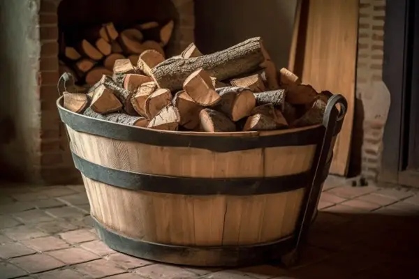 Un seau en bois rempli de bûches de bois de chauffage devant une cheminée.