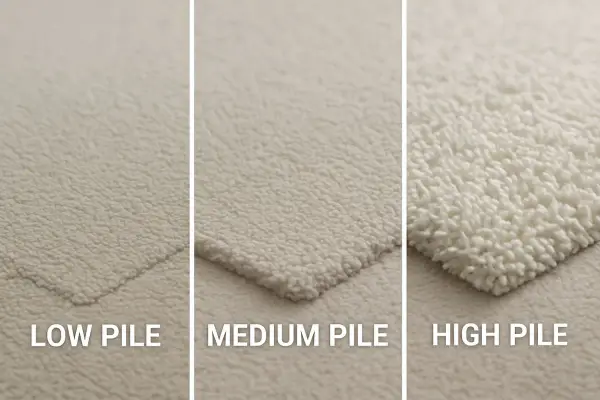 Three carpet textures: low pile, medium pile, and high pile. See the difference in fiber length and density.