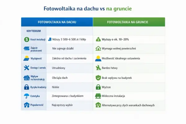 Porównanie fotowoltaiki na dachu i na gruncie. Ubezpieczenie fotowoltaiki na gruncie może być wyższe, ale oferuje idealne ustawienie paneli.