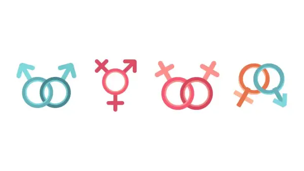 Symbole für verschiedene Geschlechter: zwei Männer, Transgender, zwei Frauen, Mann und Frau. Die Frage, wie viele Geschlechter es gibt, wird hier visuell angedeutet.