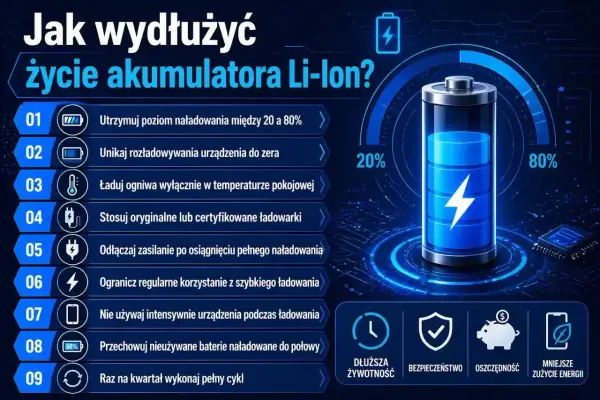 Wskazówki dotyczące ładowania akumulatora Li-Ion: utrzymuj poziom 20-80%, unikaj rozładowania do zera, używaj oryginalnych ładowarek.